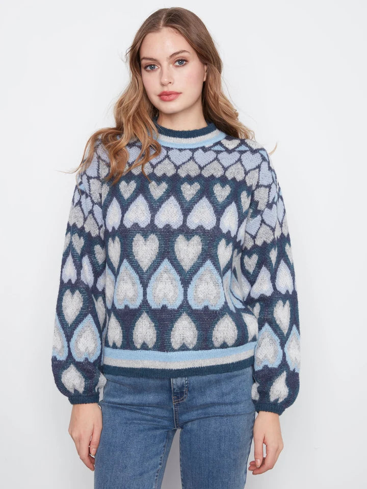 Jaquard Heart Printed Mock Neck Sweater