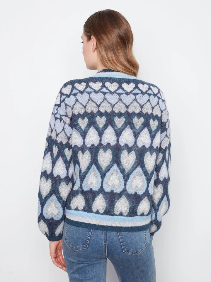 Jaquard Heart Printed Mock Neck Sweater