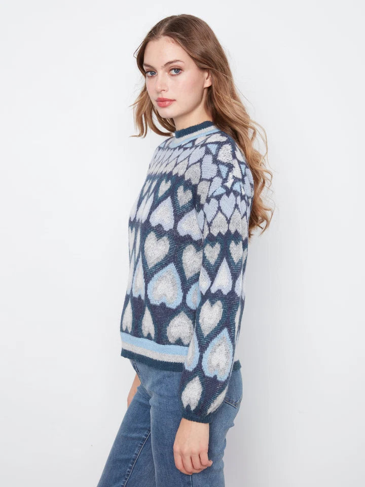 Jaquard Heart Printed Mock Neck Sweater