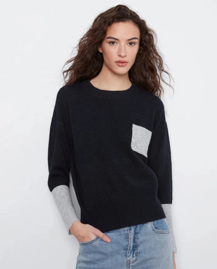 Long Sleeve Drop Shoulder Color Block Sweater With Chest Pocket