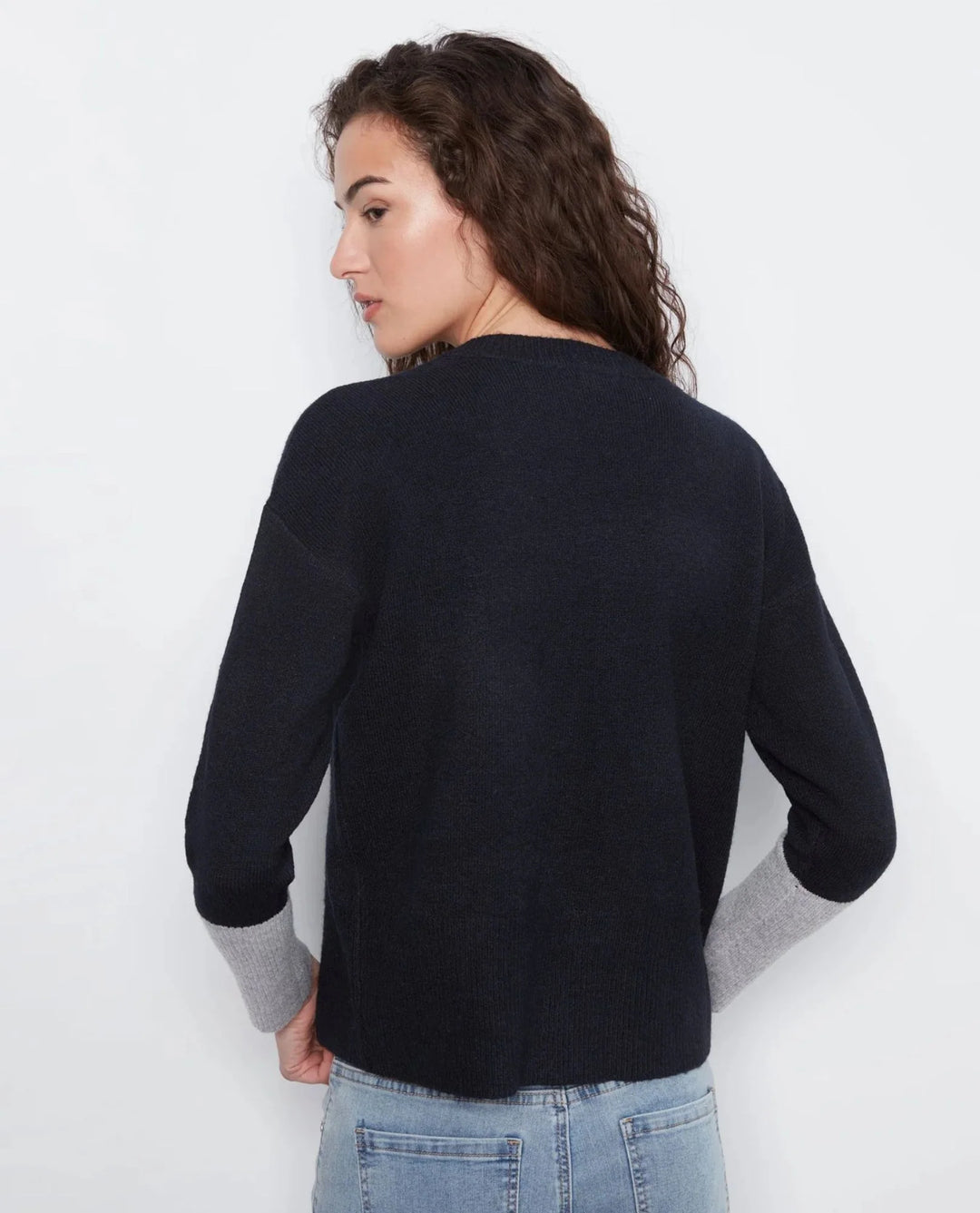 Long Sleeve Drop Shoulder Color Block Sweater With Chest Pocket