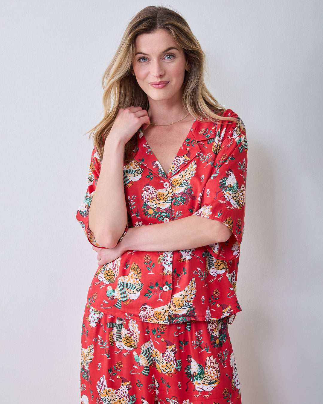 Printfresh Holiday Hens red satin pajama set