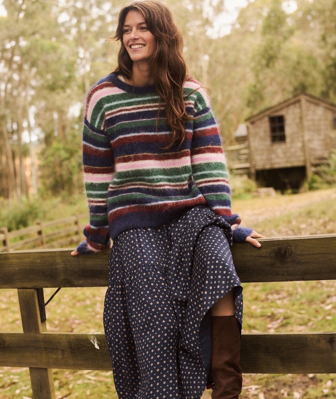 Suri Alpaca Crewneck Sweater - Navy Multi Stripe