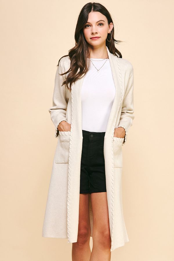Pinch eggshell edge detail open knit cardigan