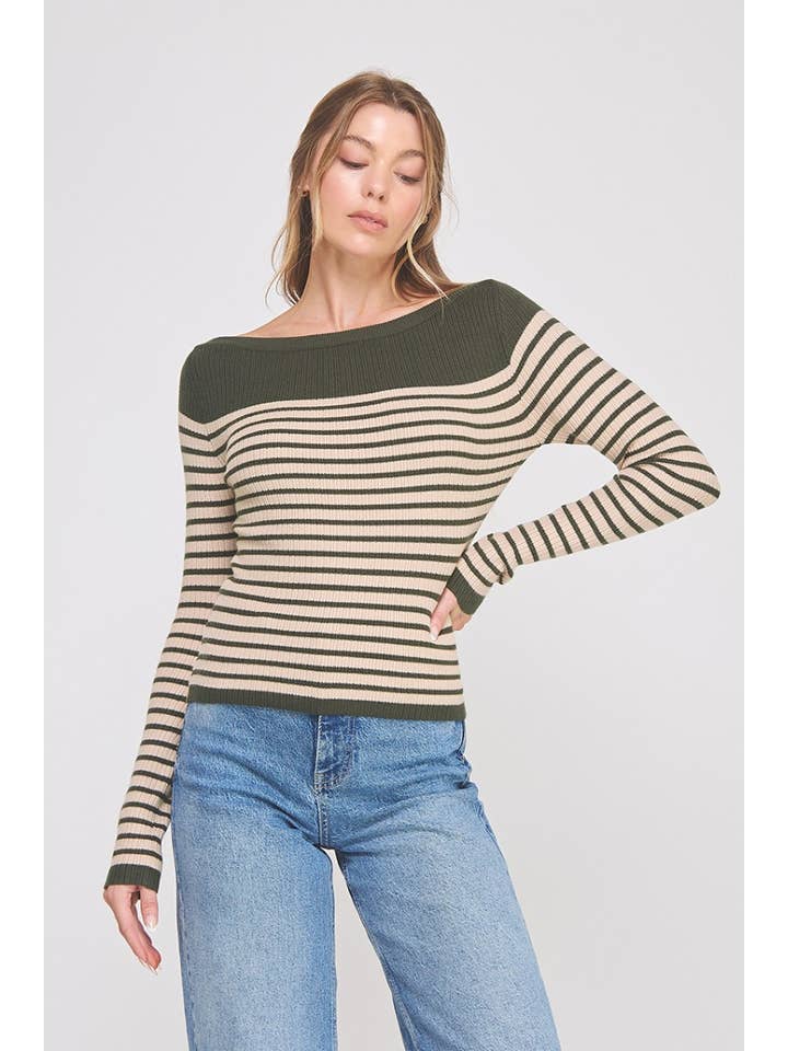Olive striped boatneck top