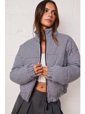 Black gingham zip-up puffer jacket